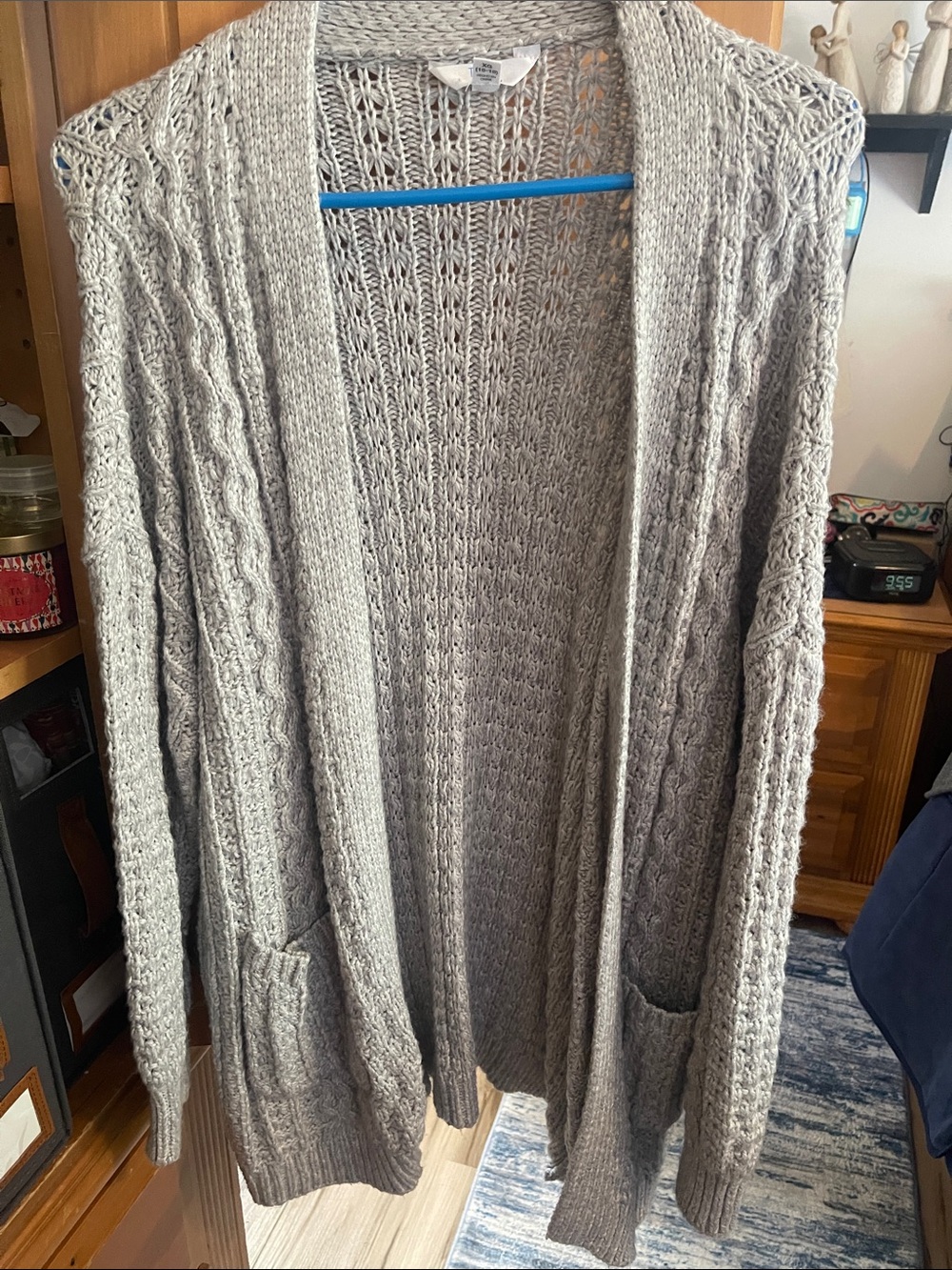 Time and Tru Light Gray Open-Front Cable Knit Cardigan